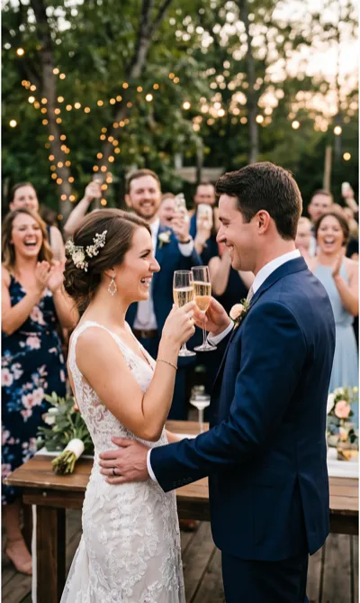 Newlyweds celebrating with champagne glasses