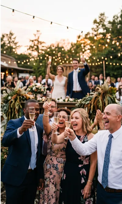 Wedding guests raising glasses at outdoor reception