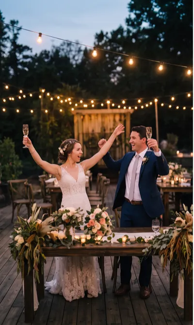 Bride and groom first dance under string lights