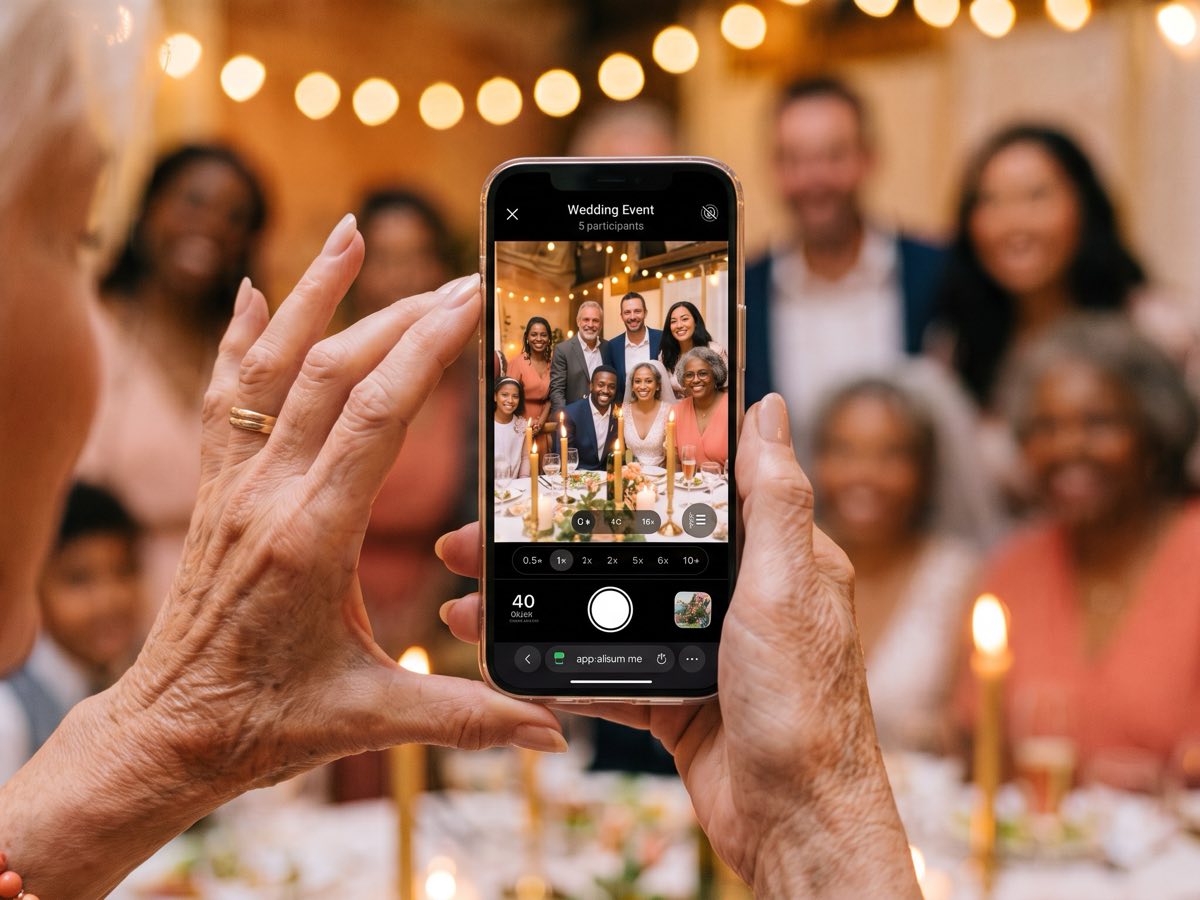 Senior woman taking a photo with her smartphone at a family celebration
