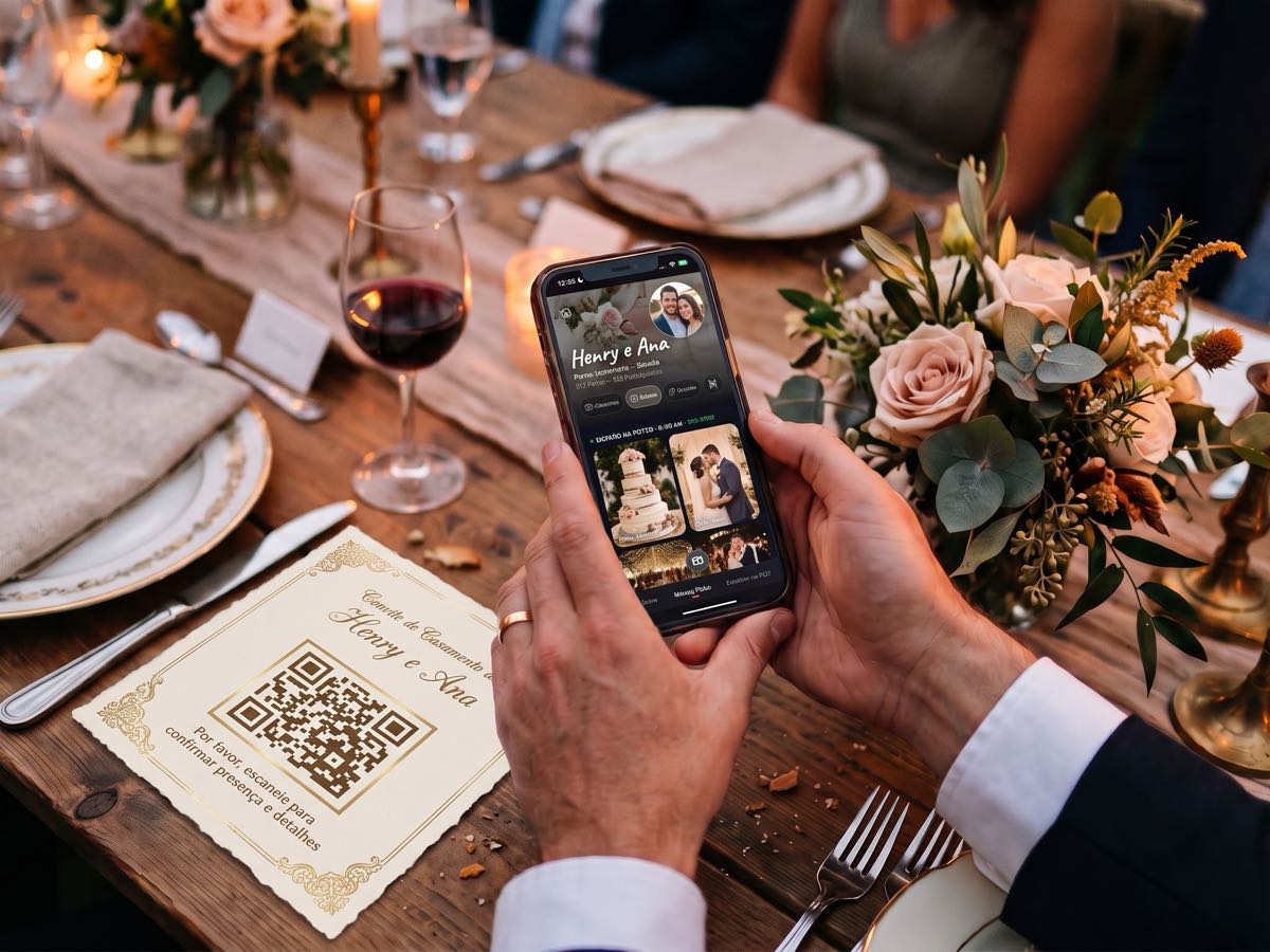 Smartphone with a photo gallery grid on a wedding table next to a QR code card, flowers and candles