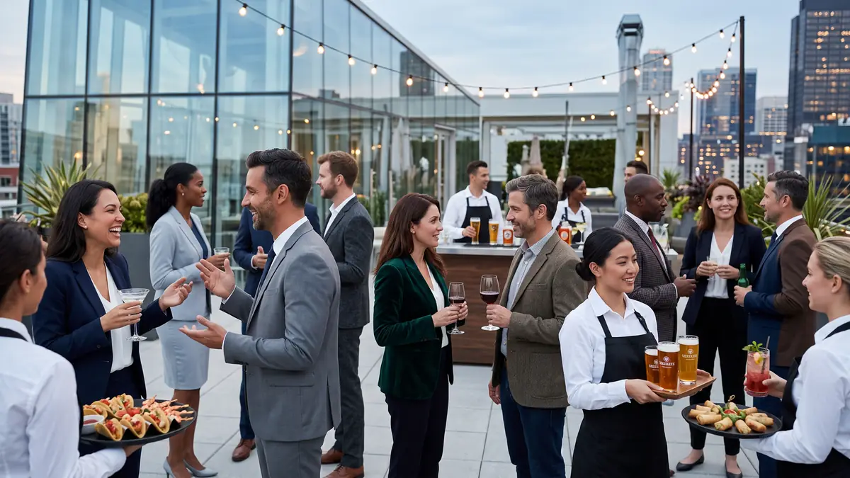 Team networking at a rooftop corporate event with catering