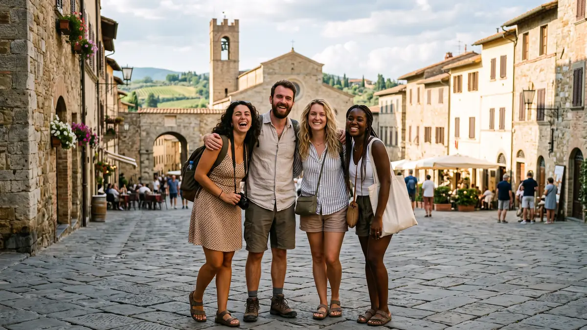 Group of friends laughing together in a Tuscan village