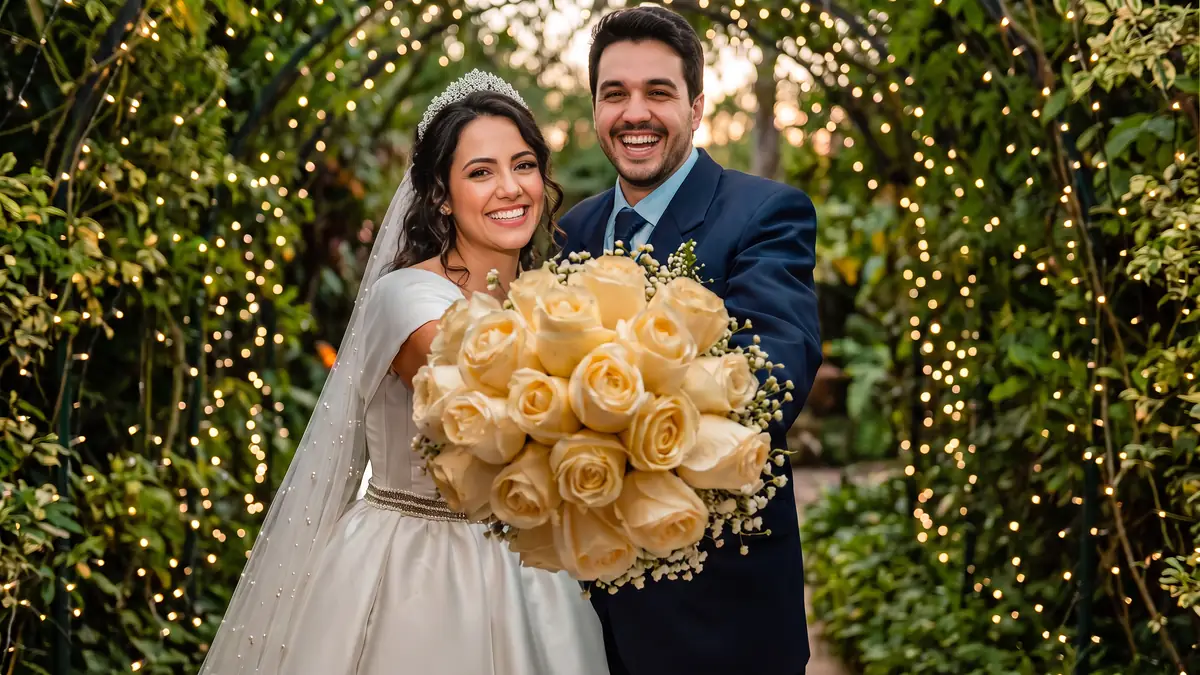 Newlywed couple smiling with a bouquet under string lights